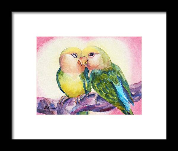 Lovebirds Framed Print featuring the painting Peach-faced Lovebirds by Janet Zeh