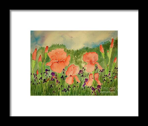 Barrieloustark Framed Print featuring the painting Peachy Watercolor Iris by Barrie Stark