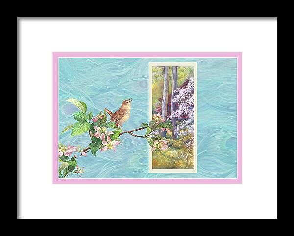 Illustrated Songbird Framed Print featuring the painting Peacock and Cherry Blossom with wren by Judith Cheng