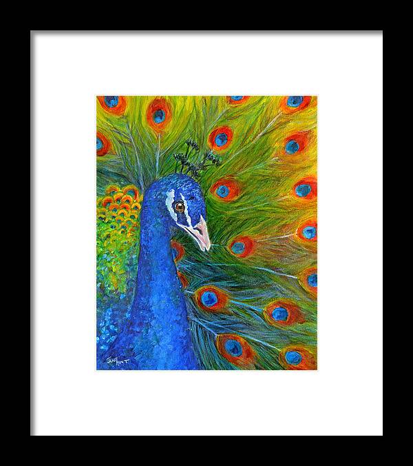 Birds Framed Print featuring the painting Peacock by June Hunt