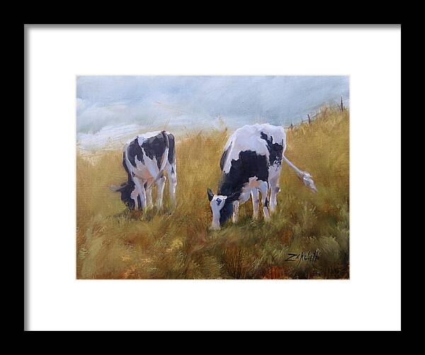 Cows Grazing Framed Print featuring the painting Peace On Earth Five by Laura Lee Zanghetti