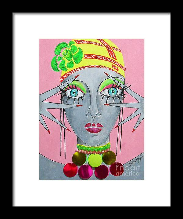 Pink Framed Print featuring the painting Peek-a-boo on Pink -- Whimsical Portrait of a Belly Dancer by Jayne Somogy