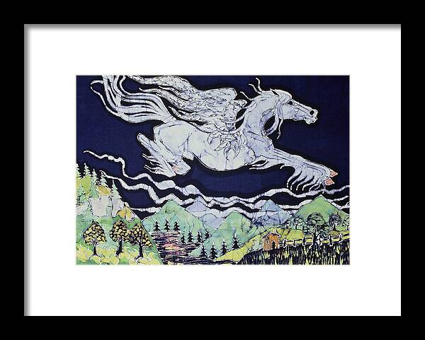 Fantasy Framed Print featuring the tapestry - textile Pegasus Flying Over Stream by Carol Law Conklin