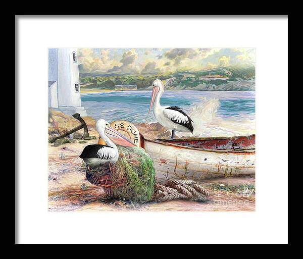 Pelican Framed Print featuring the digital art Pelican Cove by Trudi Simmonds