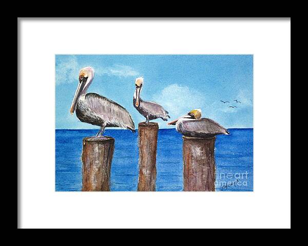 Pelicans Framed Print featuring the painting Pelican Trio by Suzanne Krueger
