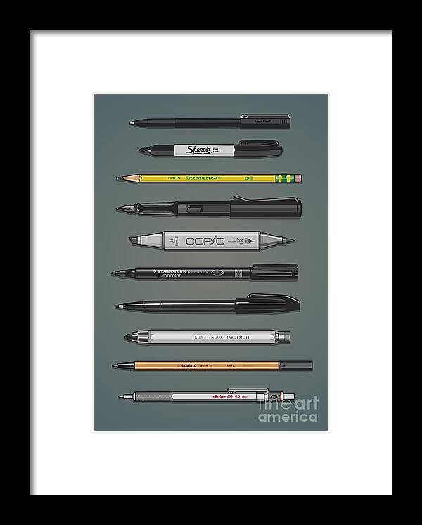 Uniball Micro Roller Pen Framed Print featuring the digital art Pen Collection For Sketching And Drawing II by Tom Mayer II Monkey Crisis On Mars
