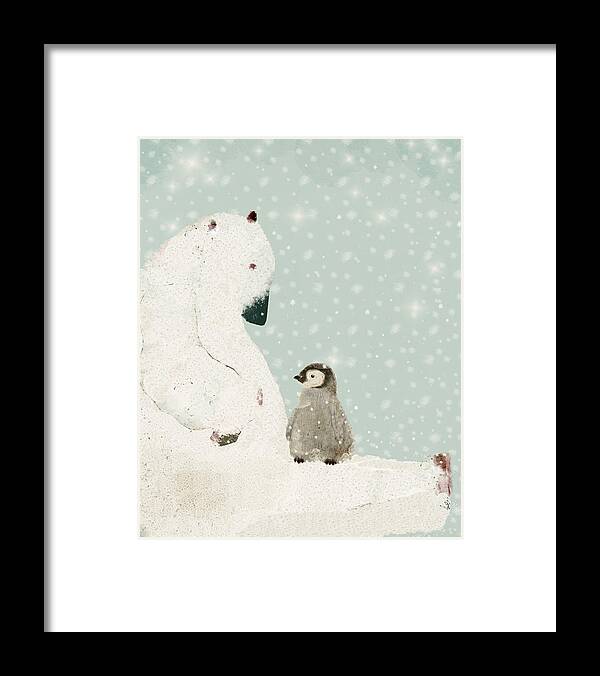 Polar Bears Framed Print featuring the painting Penguin And Bear by Bri Buckley