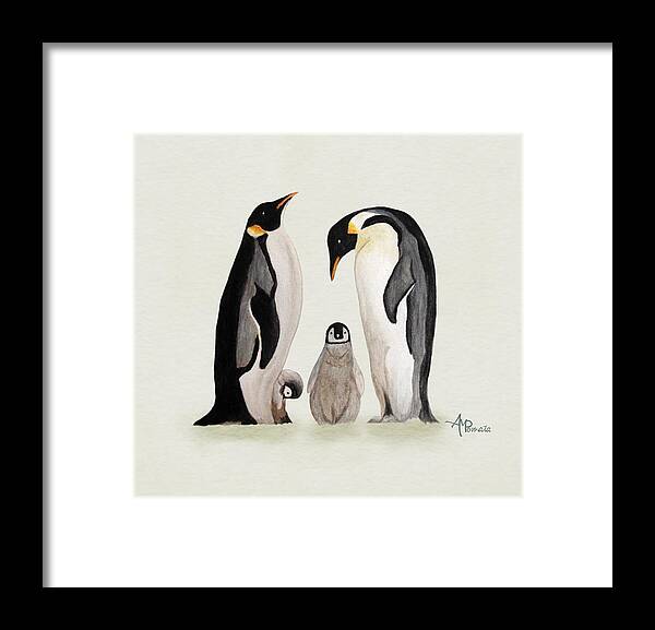 Emperor Penguin Framed Print featuring the painting Penguin Family Watercolor by Angeles M Pomata