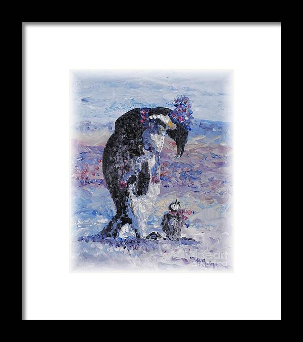 Penguins Winter Snow Blue Purple White Framed Print featuring the painting Penguin Love by Nadine Rippelmeyer