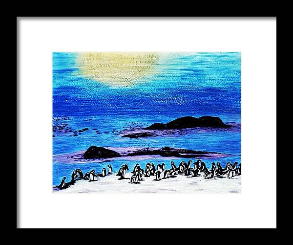 Penguins Framed Print featuring the painting Penguins Land by Jasna Gopic