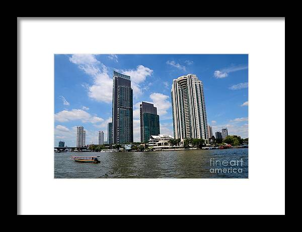 Bangkok Framed Print featuring the photograph Peninsula Hotel skyscrapers and boat across Chao Phraya River Bangkok Thailand by Imran Ahmed