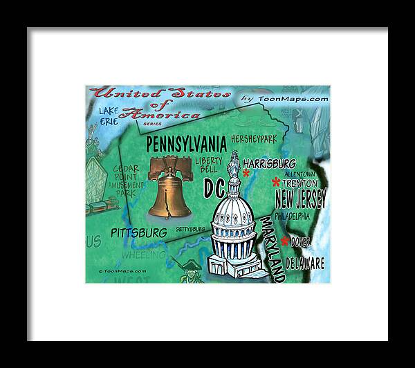 Pennsylvania Framed Print featuring the digital art Pennsylvania Fun Map by Kevin Middleton