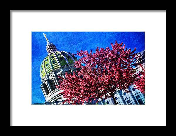 Spring Framed Print featuring the photograph Pennsylvania State Capitol Dome in Bloom by Shelley Neff