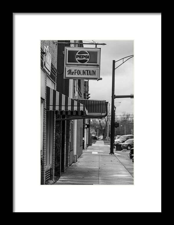 Black And White Framed Print featuring the photograph Pepsi The Fountain Sign by John McGraw