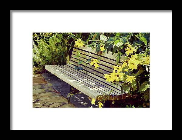 Perfect Garden Bench With Cone Flowers Framed Print featuring the photograph Perfect Garden Bench With Cone Flowers by Sandi OReilly