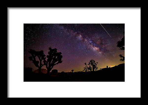 Astrophotography Framed Print featuring the photograph Perseid Meteor over Joshua Tree by Peter Tellone