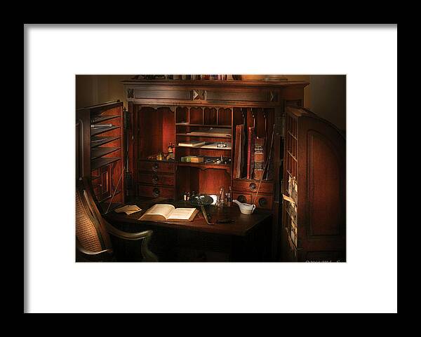 Savad Framed Print featuring the photograph Pharmacist - The Pharmacists Desk by Mike Savad