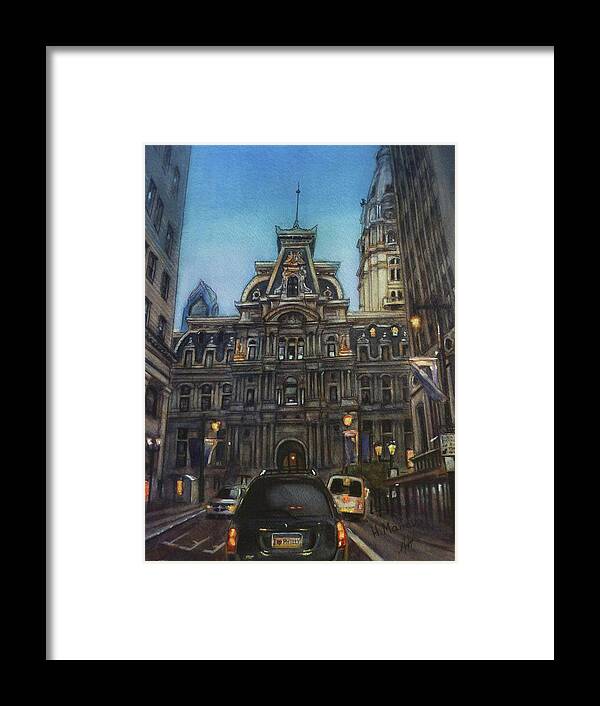 Philadelphia Framed Print featuring the painting Philadelphia at dusk by Henrieta Maneva