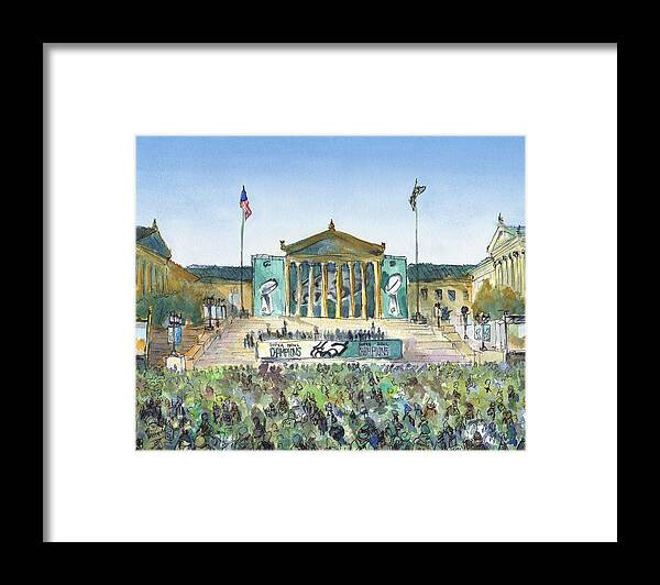 Philadelphia Eagles Super Bowl Nfl Football Champion Art Museum Philly Phila Parade Framed Print featuring the painting Philadelphia Eagles, Flying High by Elissa Poma