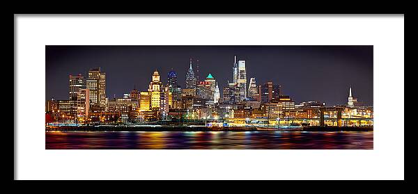 Philadelphia Skyline At Night Framed Print featuring the photograph Philadelphia Philly Skyline at Night from East Color by Jon Holiday