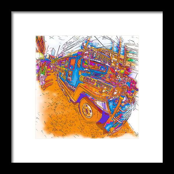 Asia Framed Print featuring the drawing Philippine Girl walking by a Jeepney by Rolf Bertram