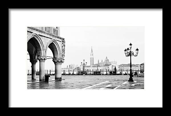 Black And White Framed Print featuring the photograph Piazza San Marco andSan Giorgio Maggiore - Venice by Barry O Carroll
