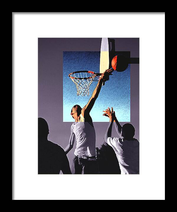 Basketball; Boys; Men; Pickup Game; Game; Sport; Sports; Outdoors; Jump; Jumping; Leap; Exercise; Fitness; Net; Round Ball; Skill; Effort; Reach; Strive; Striving; Hoop Framed Print featuring the drawing Pick Up Game by Gerard Fritz