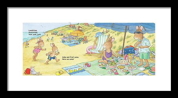 Sunny Bunnies Framed Print featuring the painting Picnic Lunch on the Beach -- With Text by June Goulding
