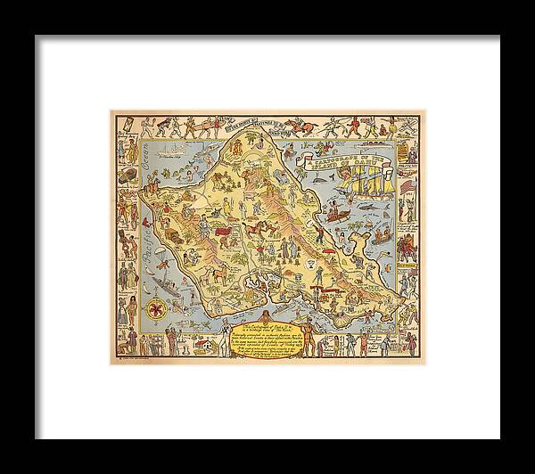 Island Of Oahu Framed Print featuring the mixed media Pictorial Map of the Island of Oahu - Illustrated Historical Map - Cartography by Studio Grafiikka