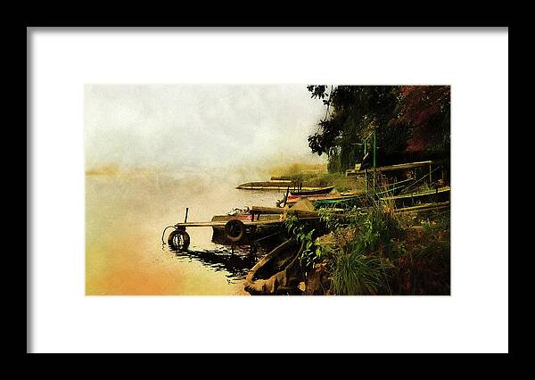 #river#water#boats#autumn#gold#fog#trees#city#pier#old#art#digital#painting#sky#photo Art #photo Painting Framed Print featuring the mixed media Pier In Gold by Aleksandrs Drozdovs