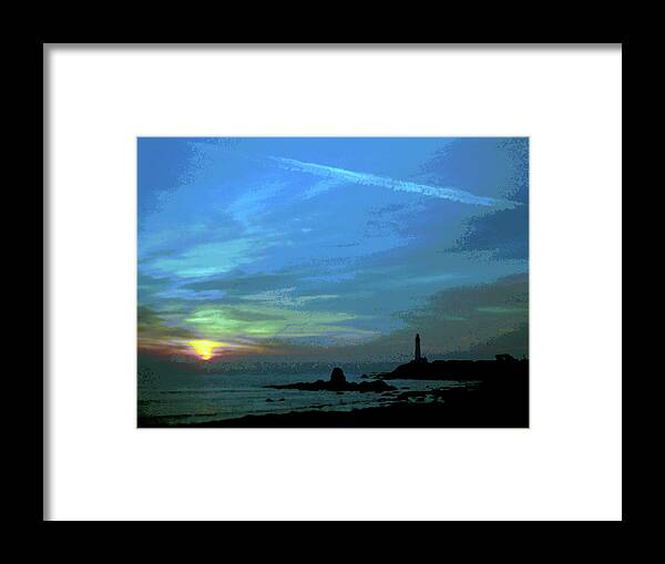 Lighthouse Framed Print featuring the digital art Pigeon Point Lighthouse Green Flash Sunset, Pescadero California, Abstract 2 by Kathy Anselmo