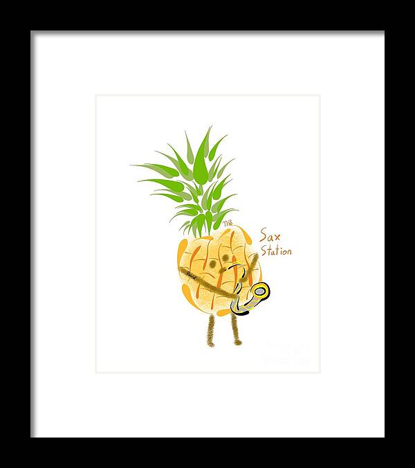 Pineapple Framed Print featuring the digital art Pineapple playing saxophone by Neal Battaglia