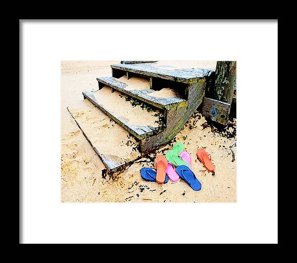 Alabama Pelican Framed Print featuring the digital art Pink and Blue Flip Flops by the Steps by Michael Thomas