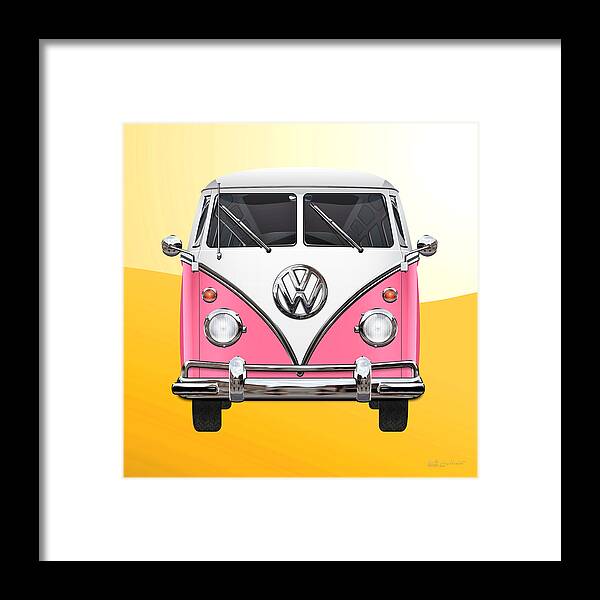 'volkswagen Type 2' Collection By Serge Averbukh Framed Print featuring the photograph Pink and White Volkswagen T 1 Samba Bus on Yellow by Serge Averbukh