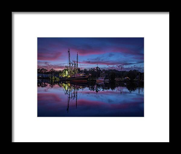 Boat Framed Print featuring the photograph Pink Clouds Frame a Shrimp Boat by Brad Boland