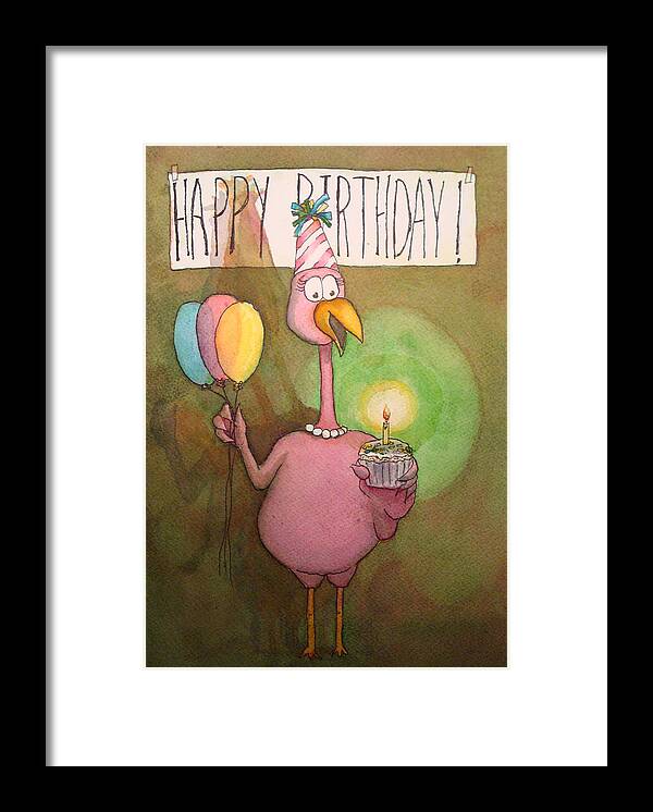 Pink Framed Print featuring the painting Pink Flamingo Happy Birthday Watercolor Cupcake by Kerra Lindsey