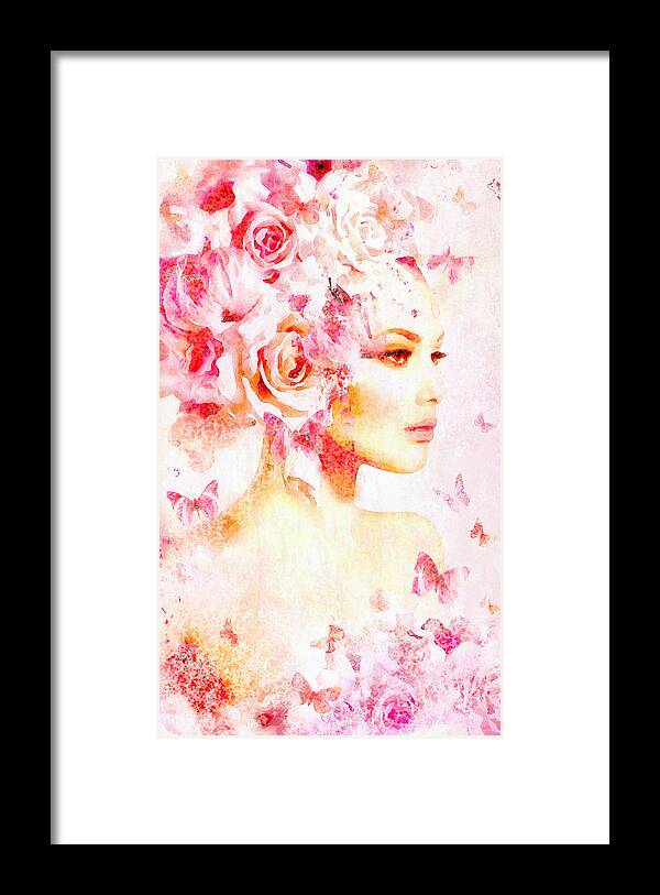 Pink Framed Print featuring the digital art Pink Floral Nymph in watercolor by Lilia D