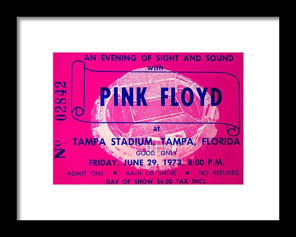 Pink Floyd Rock Band Framed Print featuring the photograph Pink Floyd concert ticket 1973 by David Lee Thompson