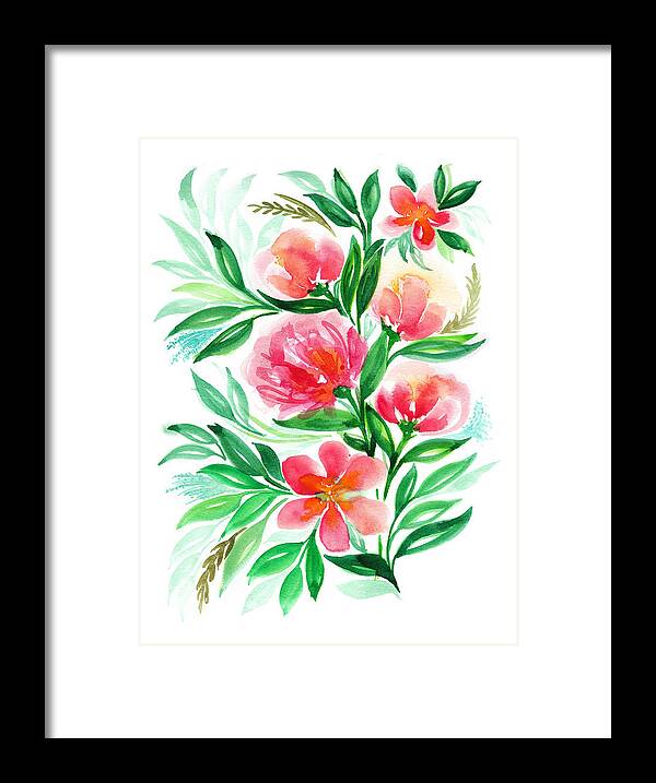 Watercolor Framed Print featuring the painting Pink Peach Peony and Rose Flower in Watercolor by My Art