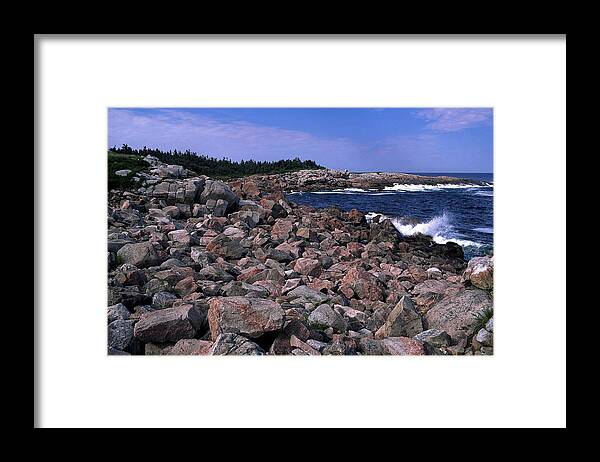 Atlantic Ocean Waves Splash Against Pink Rock Framed Print featuring the photograph Pink Rock Shoreline by Sally Weigand