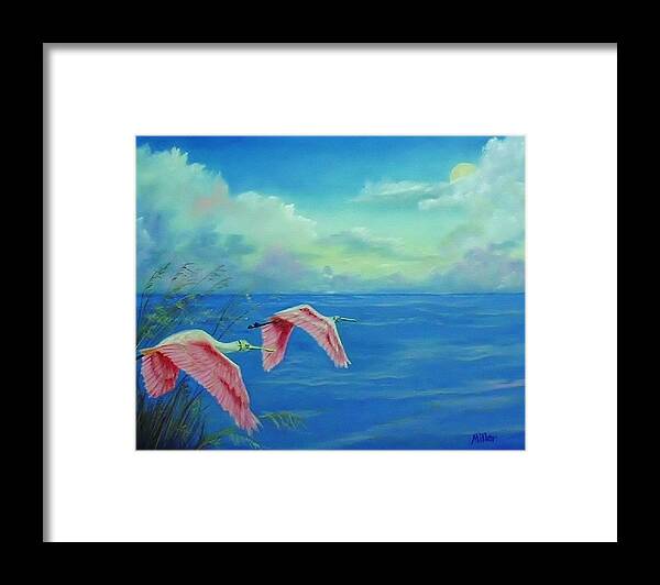Birds Framed Print featuring the painting Pink Spoonbills by Peggy Miller