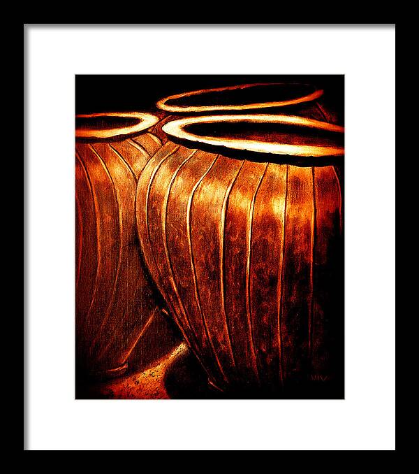 Viva Framed Print featuring the painting Pinstripe Copper Pots by VIVA Anderson