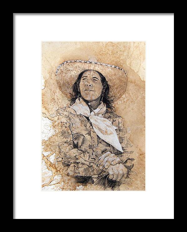 Cowgirl Art Framed Print featuring the drawing Pistol Packin' Cowgirl by Debra Jones