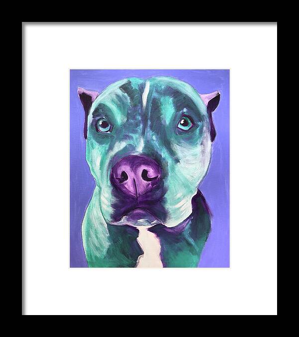 Pet Portrait Framed Print featuring the painting Pit Bull - Aqua by Dawg Painter