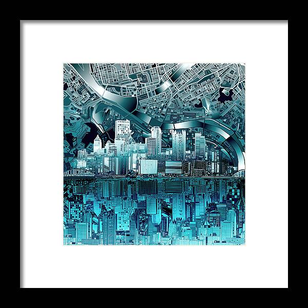 Pittsburgh Framed Print featuring the painting Pittsburgh skyline abstract blue by Bekim M