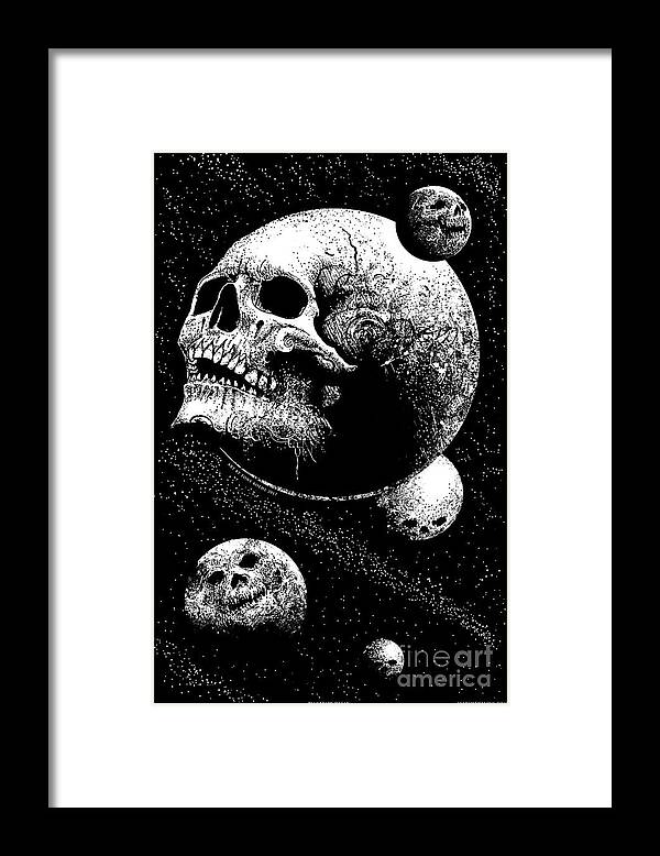 Tony Koehl; Sketch The Soul; Planets; Skull; Earth; Decay; Planetary Decay; Moon; Space; Black And White; Teeth; Death; Metal Framed Print featuring the mixed media Planetary Decay by Tony Koehl