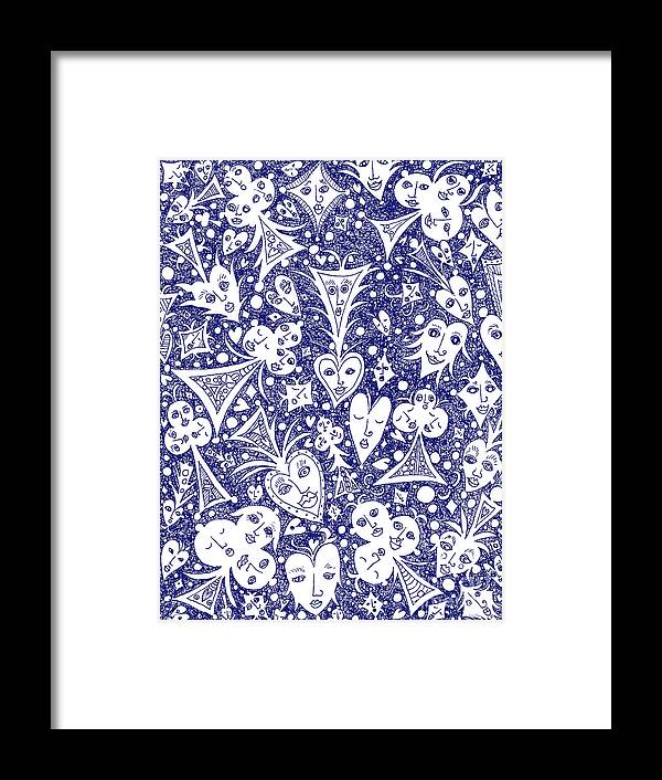 Lise Winne Framed Print featuring the drawing Playing Card Symbols with Faces in Blue by Lise Winne