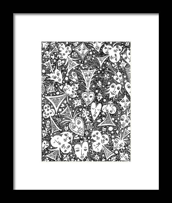 Lise Winne Framed Print featuring the drawing Playing Card Symbols with Faces by Lise Winne