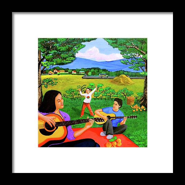 All Products Framed Print featuring the painting Playing Melodies Under the Shade of Trees by Lorna Maza