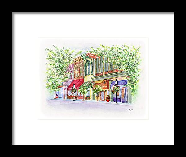 Ashland Oregon Framed Print featuring the painting Plaza Shops by Lori Taylor